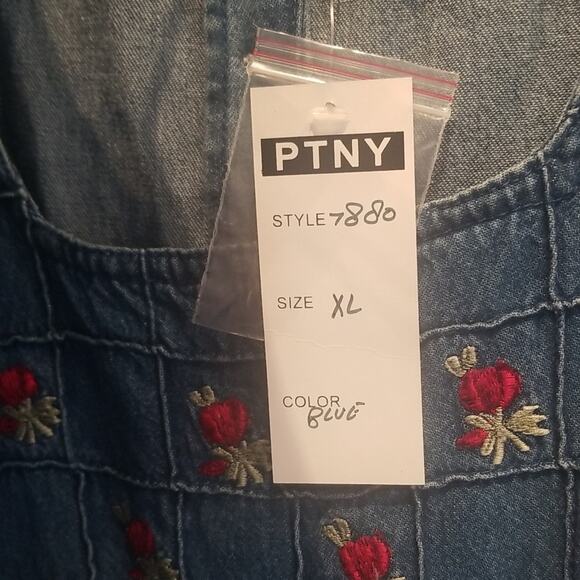 Vintage 90's NEW Denim Dress Embroidered Roses Floral Faux Wrap Button XL - Picture 15 of 16